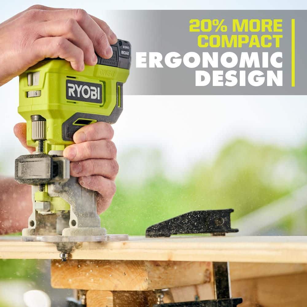 RYOBI ONE+ 18V Cordless Compact Fixed Base Router (Tool Only) with Shank Carbide Router Bit Set (15-Piece)