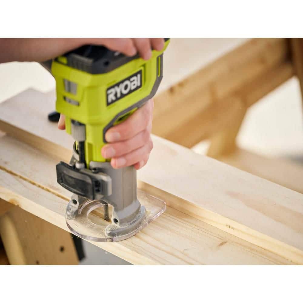 RYOBI ONE+ 18V Cordless Compact Fixed Base Router (Tool Only) with Shank Carbide Router Bit Set (15-Piece)