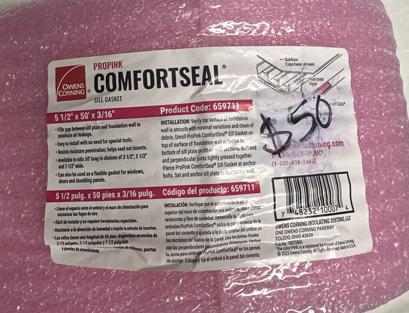 Owens Corning ProPink ComfortSeal Sill Gasket 5-1/2" x 50'