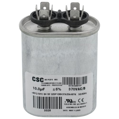 York S1-02420046700 capacitor - front view (MFD: 10; Product Type: Capacitor)