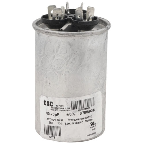 York S1-02424778700 capacitor - front view (Voltage: 370V; MFD: 30/5)