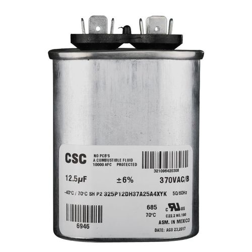 York S1-02425899000 capacitor - front view (Voltage: 370V; MFD: 12.5)