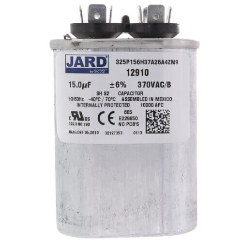 York S1-02425900000 capacitor - front view (Voltage: 370V; MFD: 15)