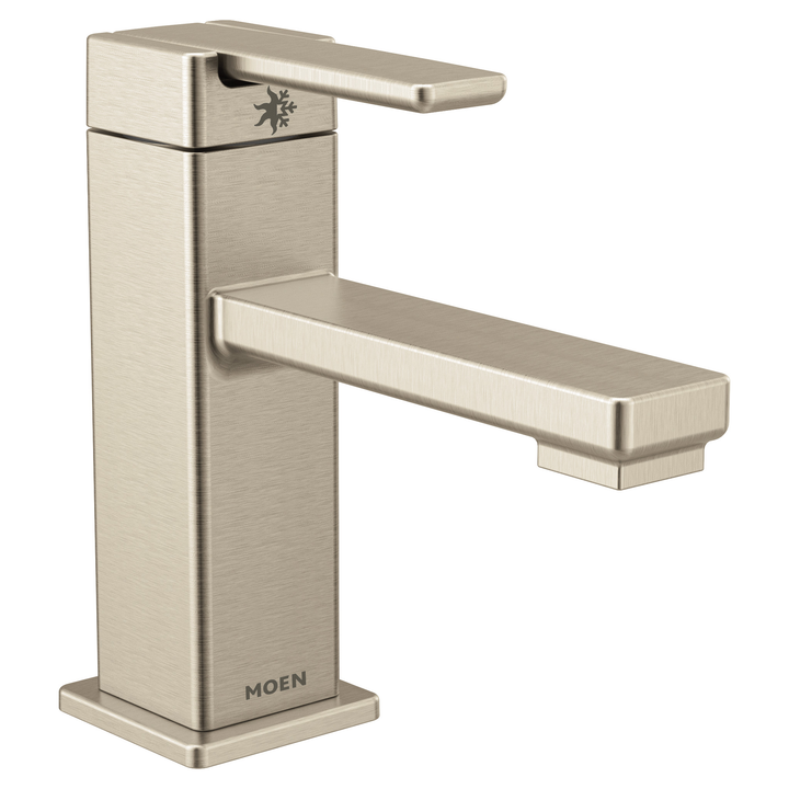 Moen 90 Degree Brushed Nickel 1‑Handle Single‑Hole WaterSense Bathroom Sink Faucet with Drain