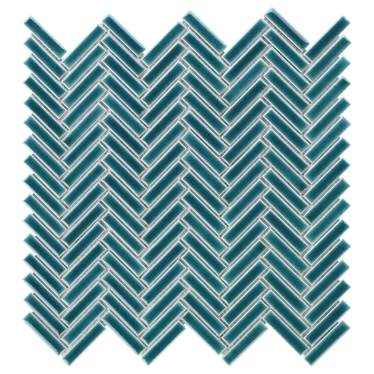 Kai Teal Herringbone Crackled Glossy Porcelain Mosaic Tile - Lux Tile