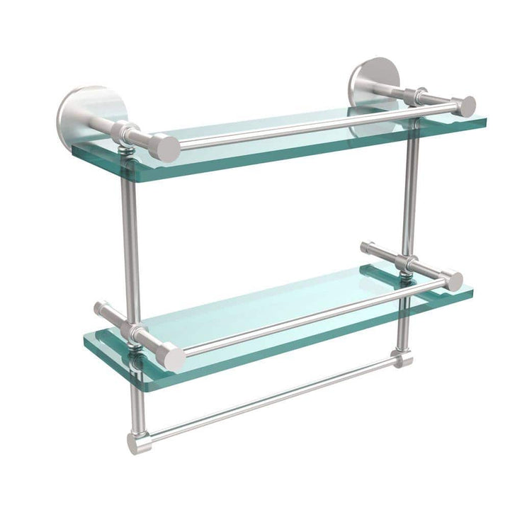 Allied Brass 16 in. L x 12 in. H x 5 in. W 2-Tier Gallery Clear Glass Bathroom Shelf with Towel Bar, Satin Chrome