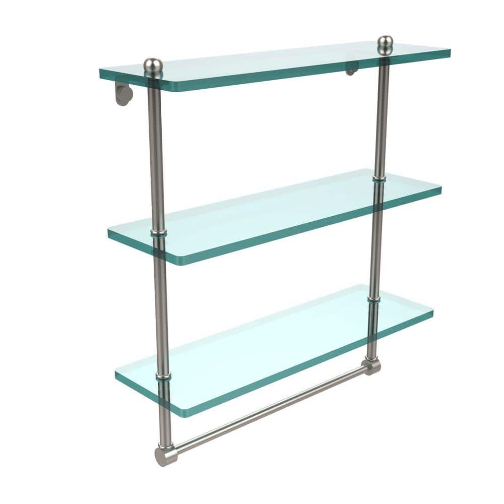 Allied Brass 16 in. L x 18 in. H x 5 in. W 3-Tier Clear Glass Bathroom Shelf with Towel Bar, Satin Nickel