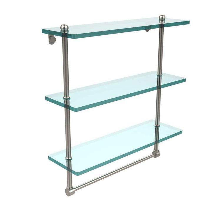 Allied Brass 16 in. L x 18 in. H x 5 in. W 3-Tier Clear Glass Bathroom Shelf with Towel Bar, Satin Nickel