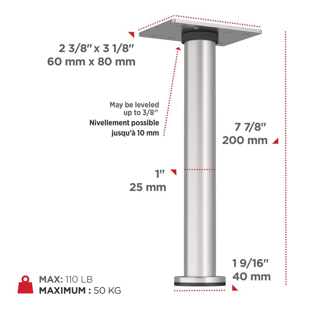Richelieu 7-7/8 in. Satin Nickel Round Furniture Leg with Leveling Glide, Zinc/Steel