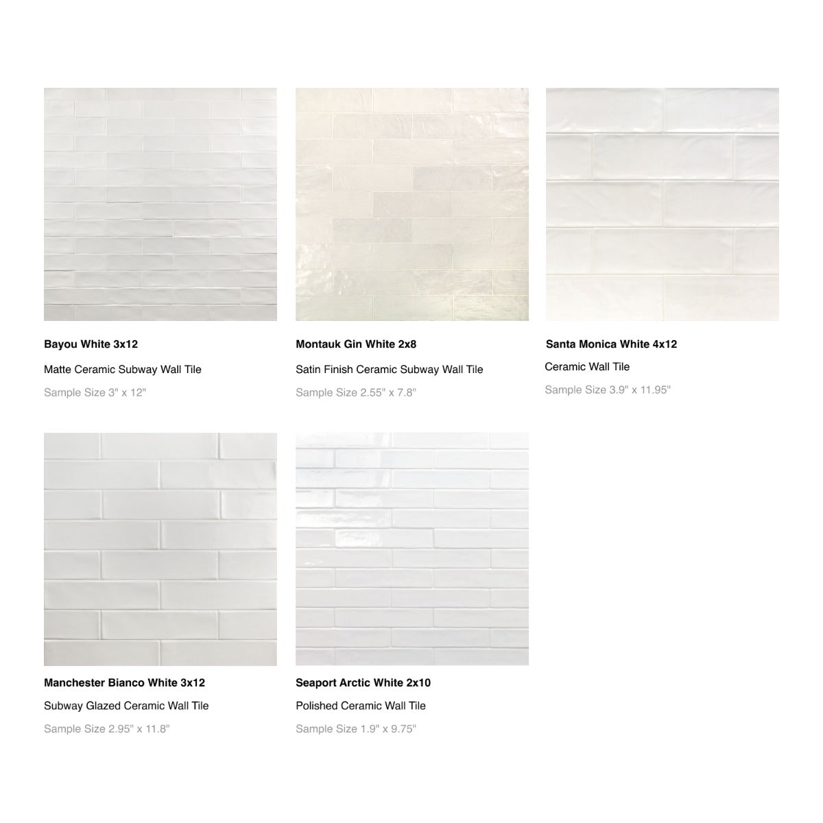 White Ceramic Subway Tile Sample Bundle - 5 Best Sellers