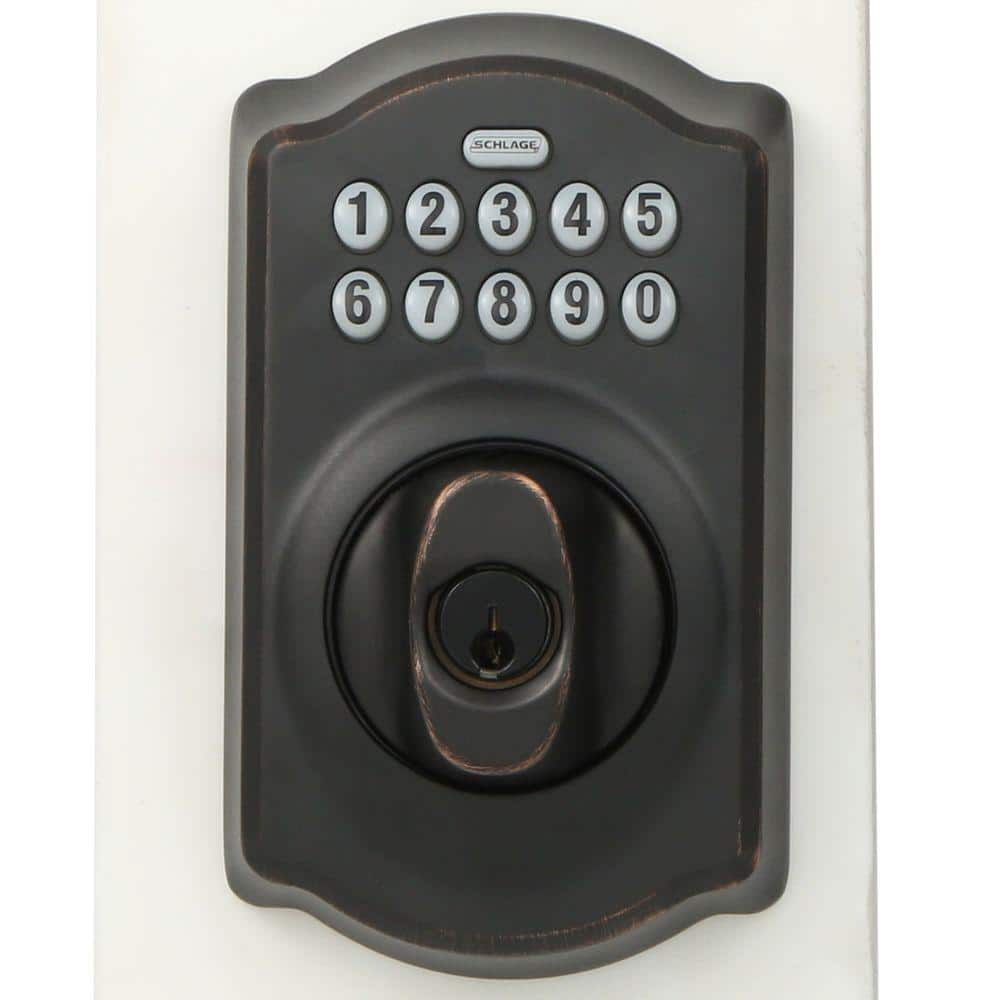 Schlage Camelot Keypad Electronic Door Lock Deadbolt with Georgian Knob, Aged Bronze
