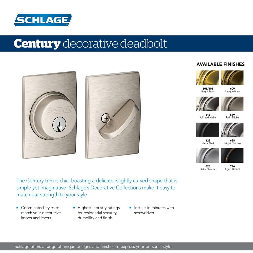 Schlage Century Matte Black Single Cylinder Deadbolt, B60 Series