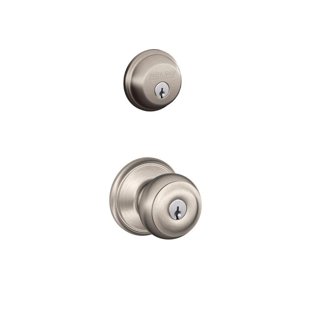Schlage Wakefield Satin Nickel Single Cylinder Deadbolt with Georgian Keyed Entry Door Knob Combo Pack