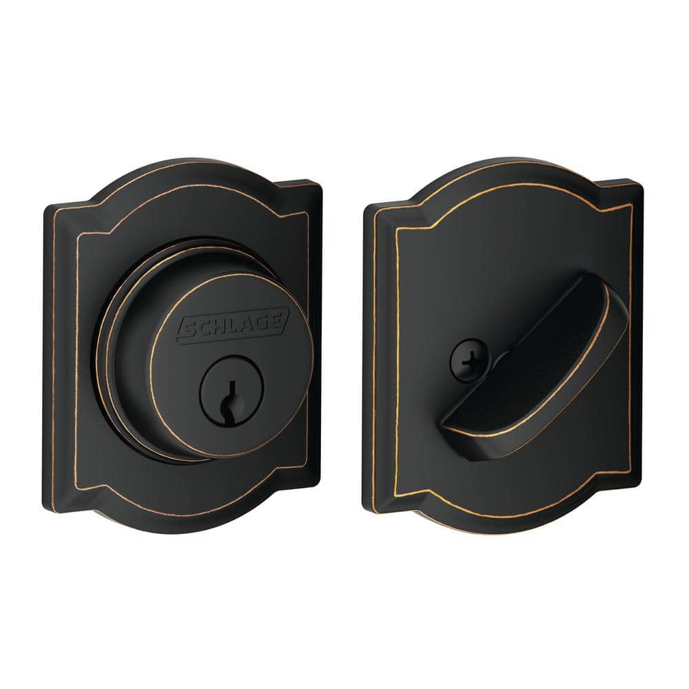 Schlage Camelot Aged Bronze Single Cylinder Deadbolt with Georgian Keyed Entry Door Knob Combo Pack