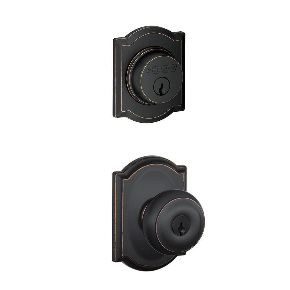 Schlage Camelot Aged Bronze Single Cylinder Deadbolt with Georgian Keyed Entry Door Knob Combo Pack
