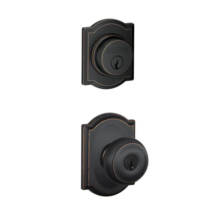 Schlage Camelot Aged Bronze Single Cylinder Deadbolt with Georgian Keyed Entry Door Knob Combo Pack