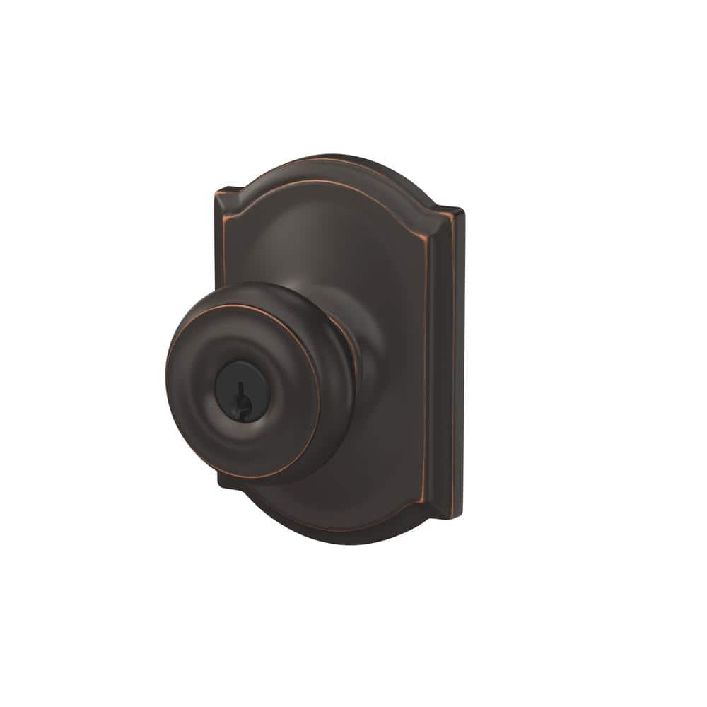Schlage Camelot Aged Bronze Single Cylinder Deadbolt with Georgian Keyed Entry Door Knob Combo Pack