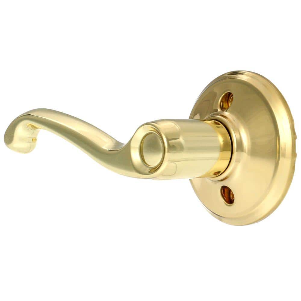 Schlage Flair Bright Brass Left-Handed Dummy Door Lever, Round Backplate