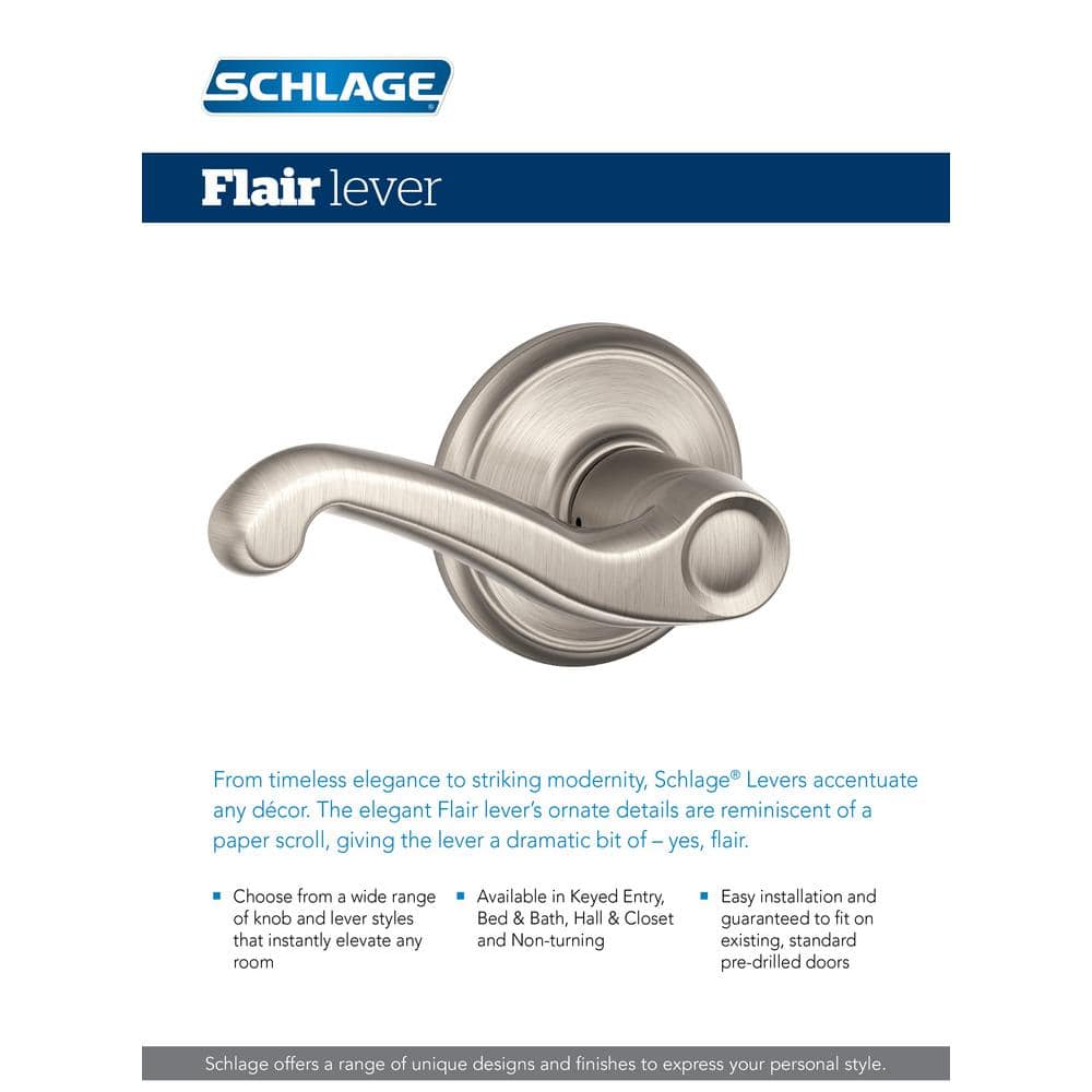 Schlage Flair Bright Brass Right-Handed Dummy Door Lever, Round Rosette
