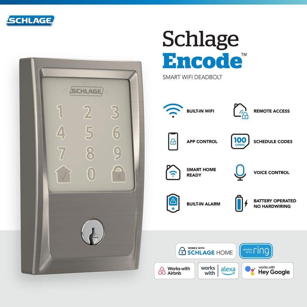 Schlage Century Satin Nickel Electronic Encode Smart WiFi Deadbolt with Alarm