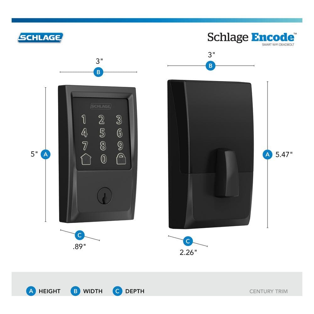 Schlage Century Matte Black Electronic Encode Smart WiFi Deadbolt with Alarm