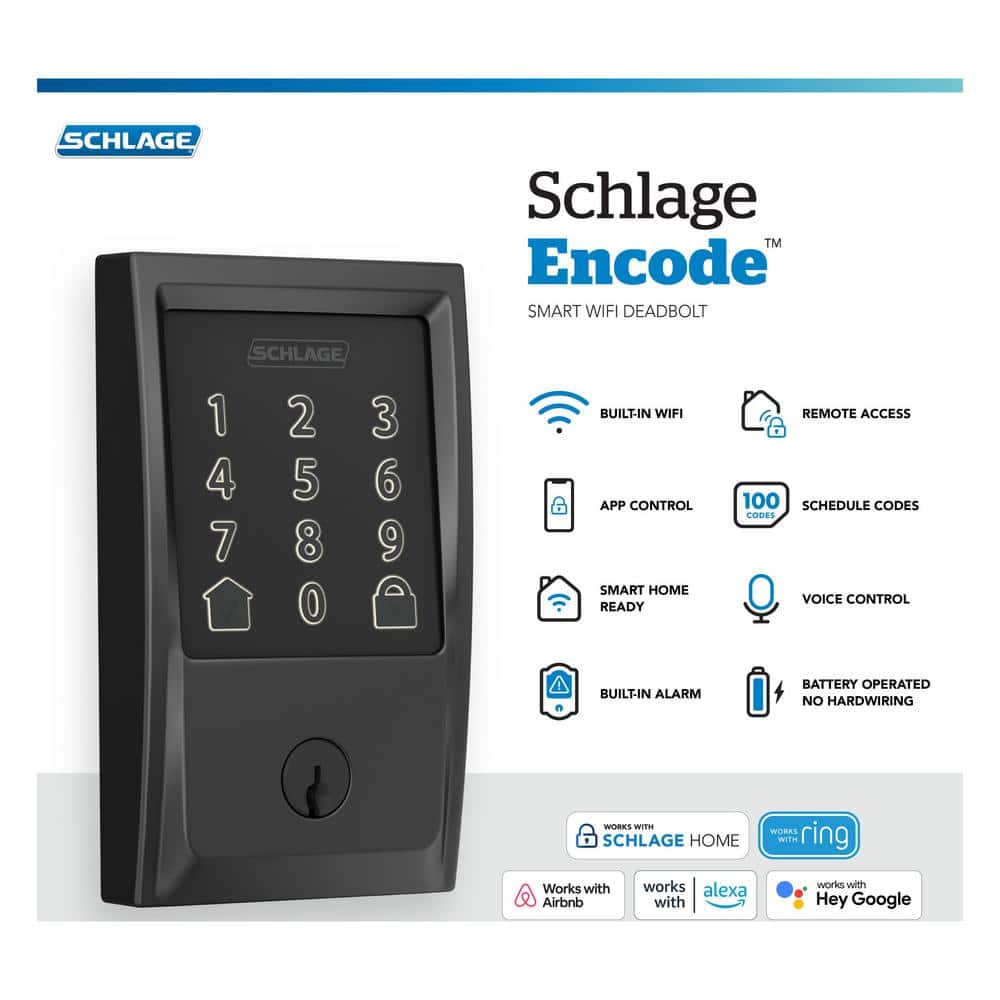 Schlage Century Matte Black Electronic Encode Smart WiFi Deadbolt with Alarm