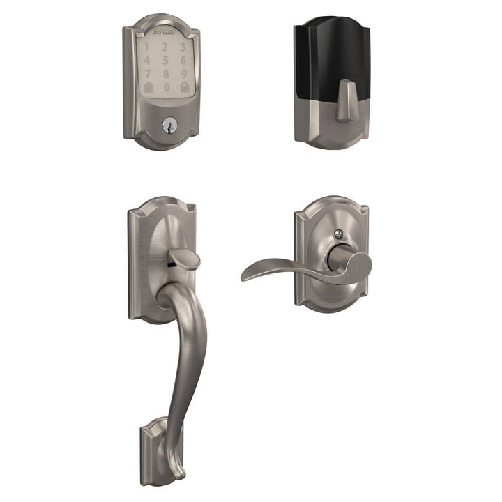 Schlage Camelot Satin Nickel Encode Smart Wi‑Fi Deadbolt with Alarm and Camelot Handleset with Accent Lever (Camelot Trim)