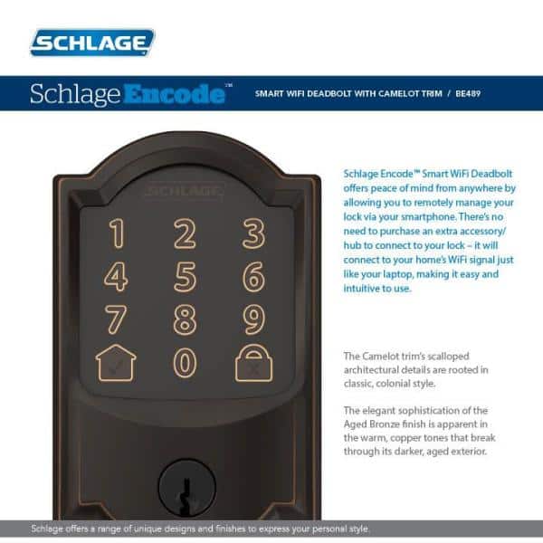 Schlage Camelot Encode Smart Wi‑Fi Door Lock with Alarm and Accent Lever Handleset, Aged Bronze