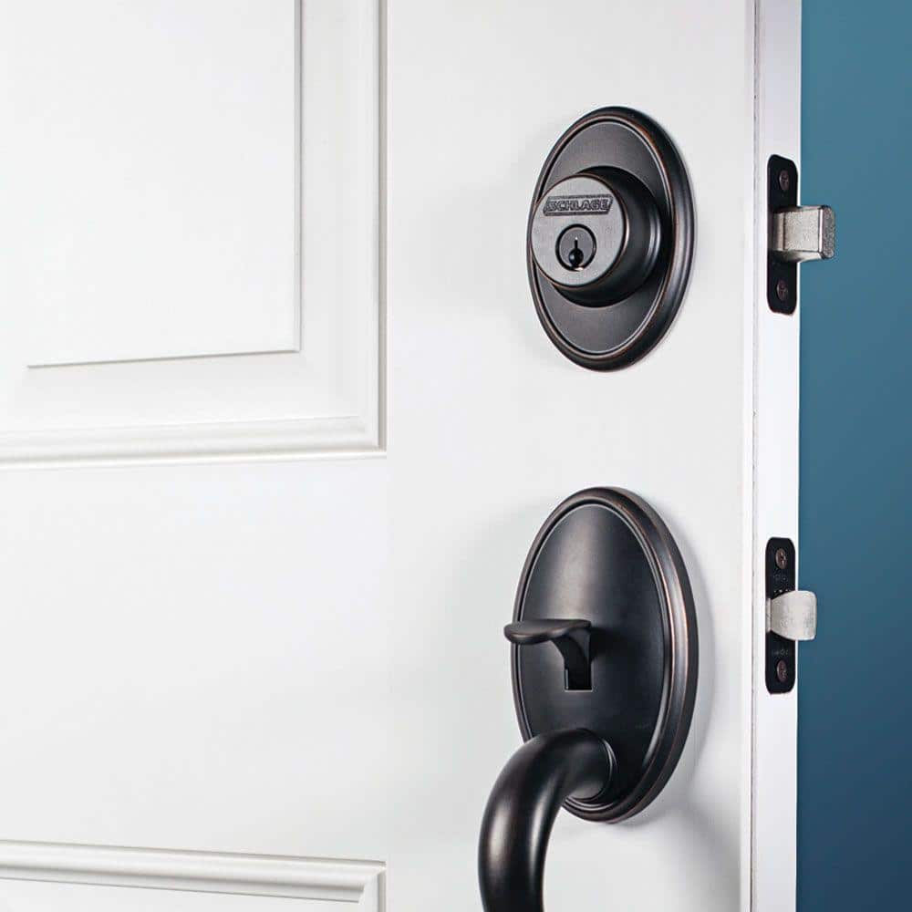 Schlage Wakefield Aged Bronze Single Cylinder Deadbolt with Siena Knob Door Handleset