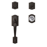 Schlage Camelot Aged Bronze Dummy Door Handleset with Hobson Glass Door Knob and Camelot Trim