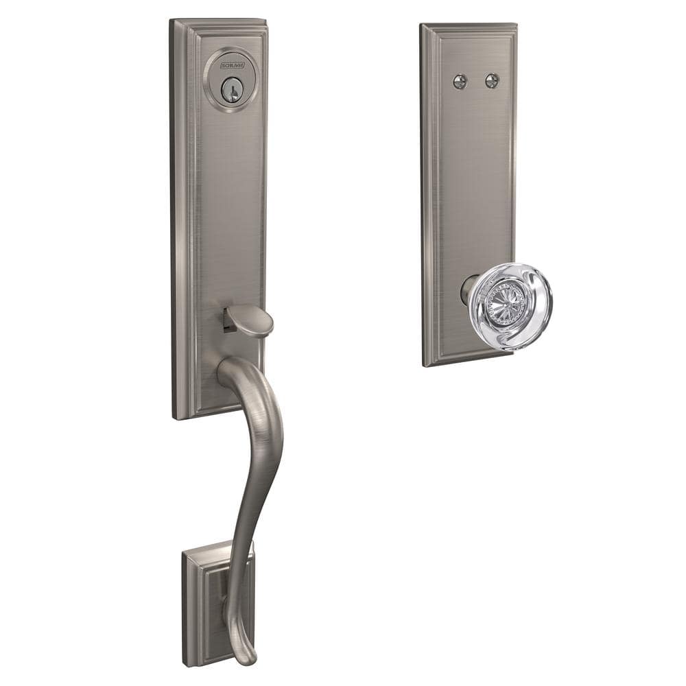 Schlage Addison Satin Nickel Dummy Door Handleset with Hobson Glass Door Knob and Kinsler Trim