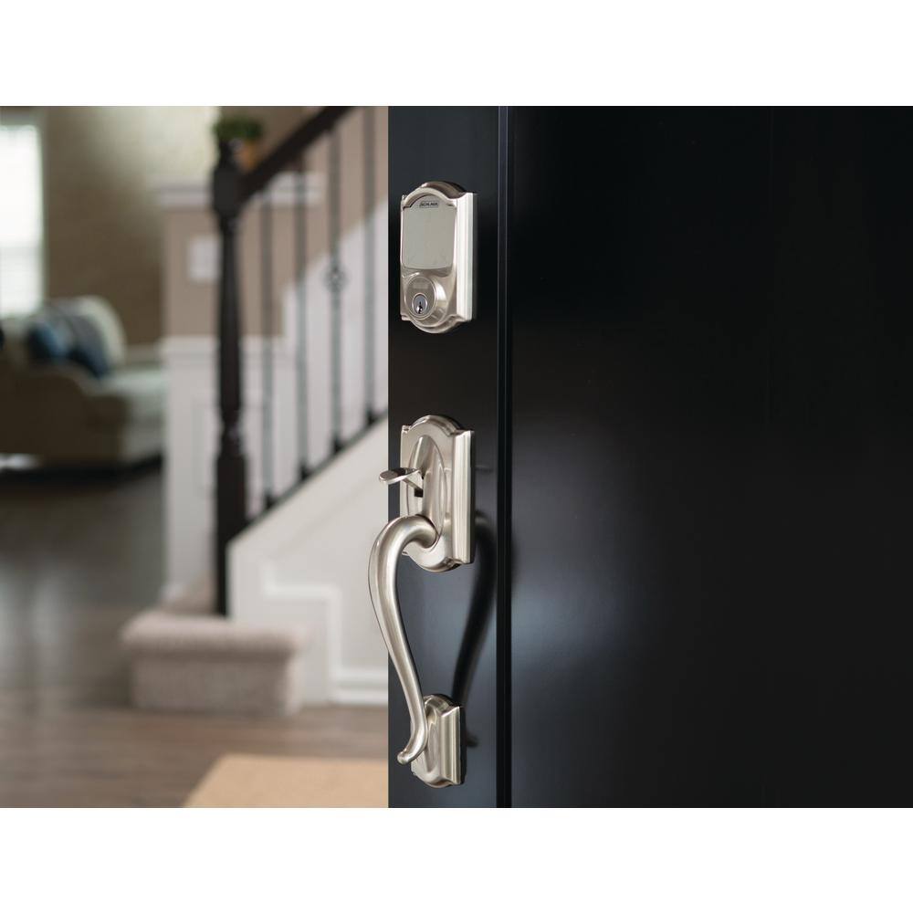 Schlage Camelot Satin Nickel Sense Smart Door Lock with Right-Handed Flair Lever Handleset