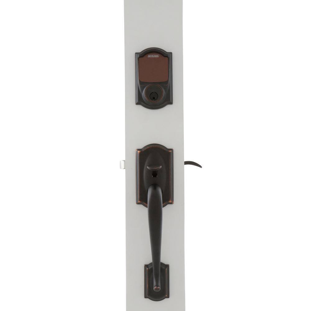 Schlage Camelot Aged Bronze Sense Smart Deadbolt & Camelot Handleset with Accent Lever (Camelot Trim)