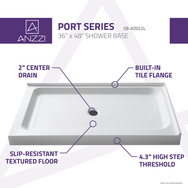 ANZZI Port 36 in. x 48 in. Double Threshold Shower Base in Glossy White