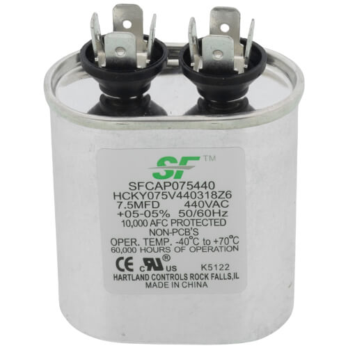 Trane SFCAP075440 capacitor - front view (Voltage: 370V; MFD: 7.5)