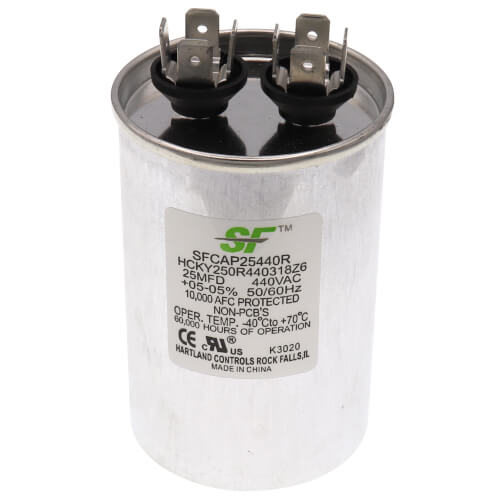 Trane SFCAP25440R capacitor - front view (Voltage: 440v; MFD: 25)