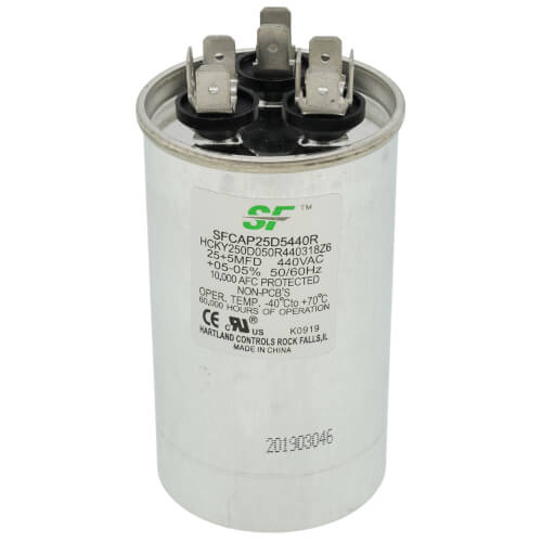 Trane SFCAP25D5440R capacitor - front view (Voltage: 440v; MFD: 25/5)