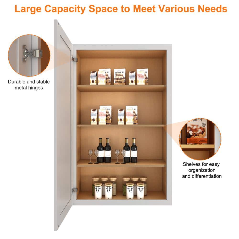 HOMEIBRO 18 in. W x 12 in. D x 42 in. H in Shaker Dove Plywood Ready to Assemble Wall Cabinet 1-Door 3-Shelves Kitchen Cabinet