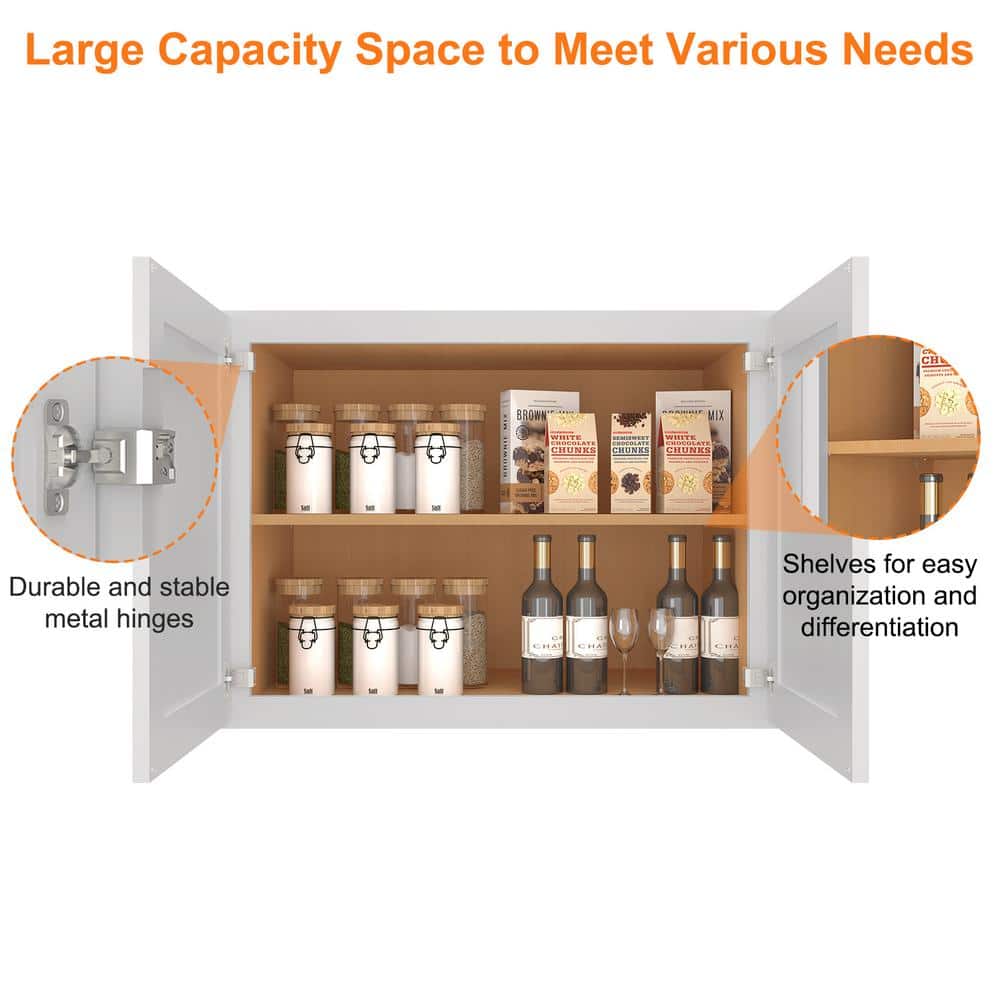 HOMEIBRO 30-in. W x 24-in. D x 24-in. H in Shaker Dove Plywood Ready to Assemble Wall Bridge Kitchen Cabinet with 2 Doors