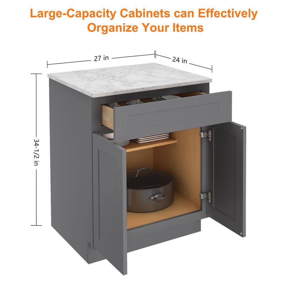 HOMEIBRO 27 in.W x 24 in.D x 34.5 in.H in Shaker Gray Plywood Ready to Assemble Base Kitchen Cabinet with 1-Drawer 2-Doors