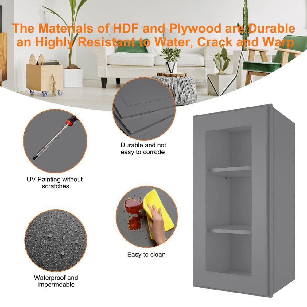 HOMEIBRO 15 in. W X 12 in. D X 30 in. H in Shaker Gray Plywood Ready to Assemble Wall Kitchen Cabinet with 1-Door 3-Shelves