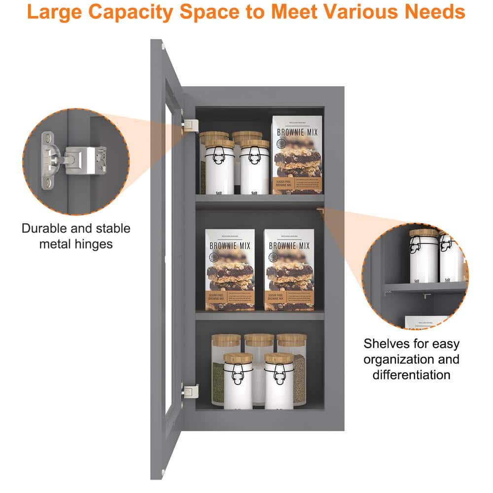 HOMEIBRO 15 in. W X 12 in. D X 30 in. H in Shaker Gray Plywood Ready to Assemble Wall Kitchen Cabinet with 1-Door 3-Shelves