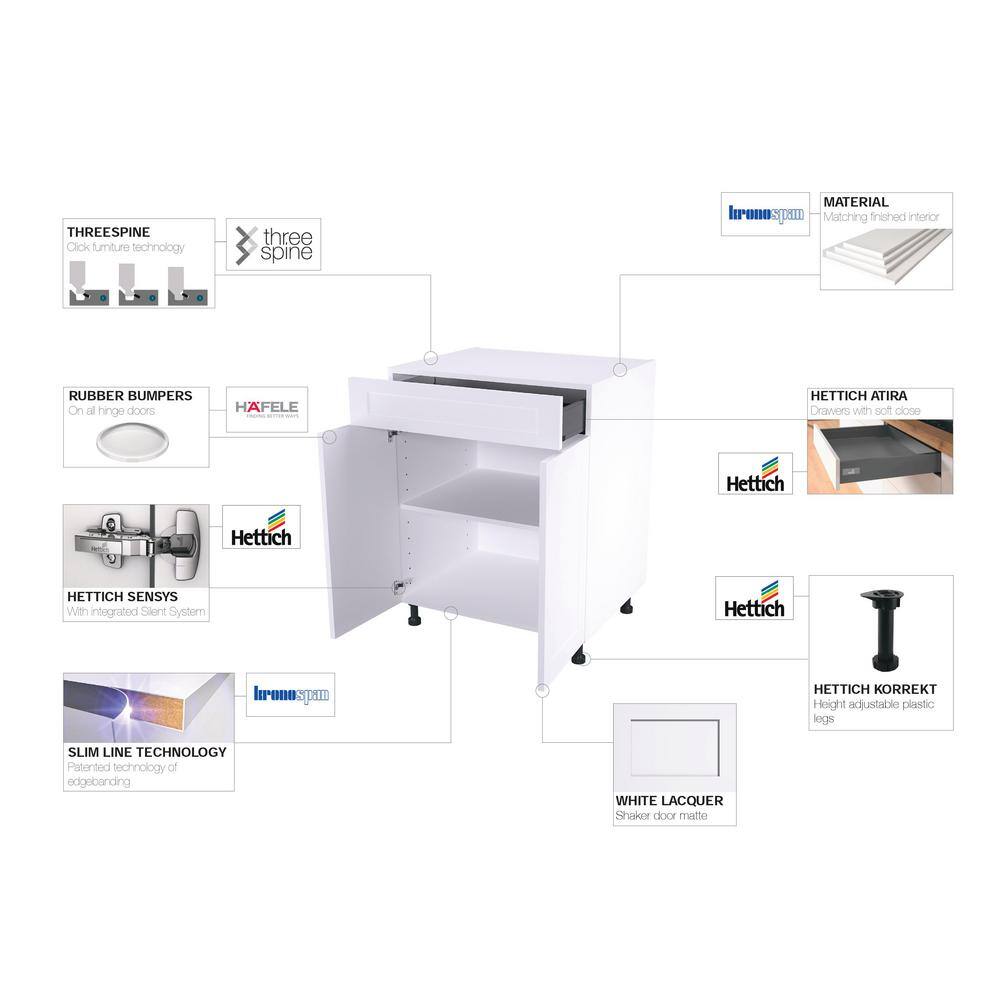 Cambridge Quick Assemble Modern Style, Shaker White 24 in. Base Kitchen Cabinet (24 in. W x 24 in. D x 34.50 in. H)