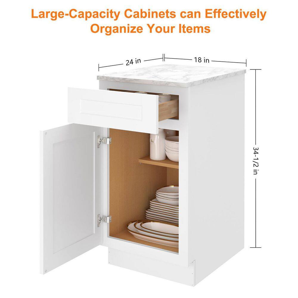 HOMEIBRO 18 in. W x 24 in. D x 34.5 in. H in Shaker White Plywood Ready to Assemble Base Kitchen Cabinet with 1-Drawer 1-Door