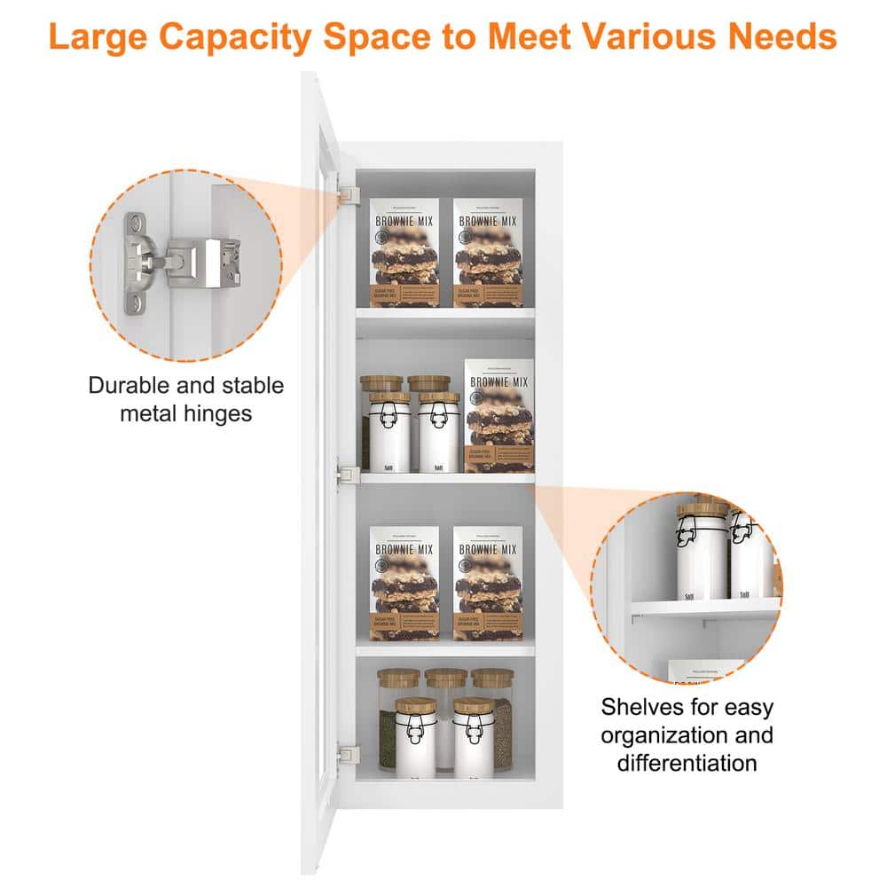 HOMEIBRO 15 in. W X 12 in. D X 42 in. H in Shaker White Plywood Ready to Assemble Wall Kitchen Cabinet with 1-Door 3-Shelves