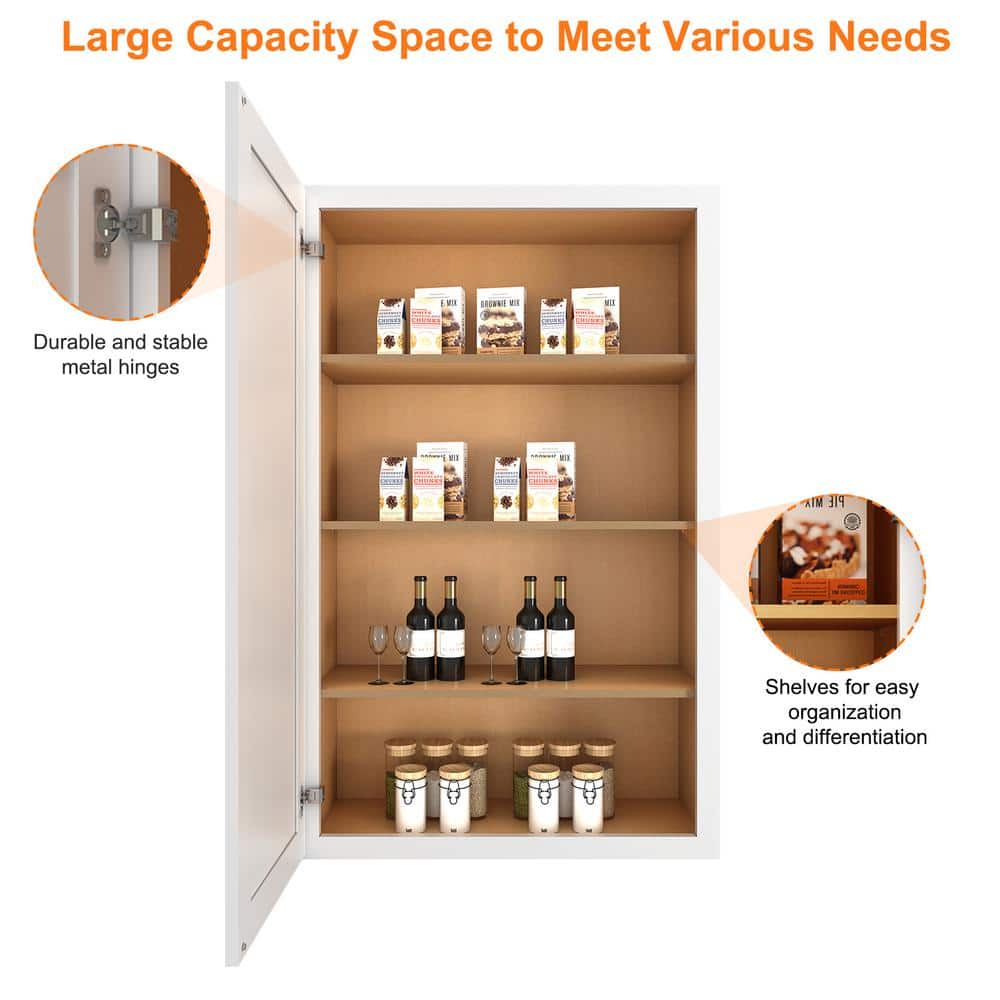 HOMEIBRO 18 in. W x 12 in. D x 42 in. H in Shaker White Plywood Ready to Assemble Wall Cabinet 1-Door 3-Shelves Kitchen Cabinet