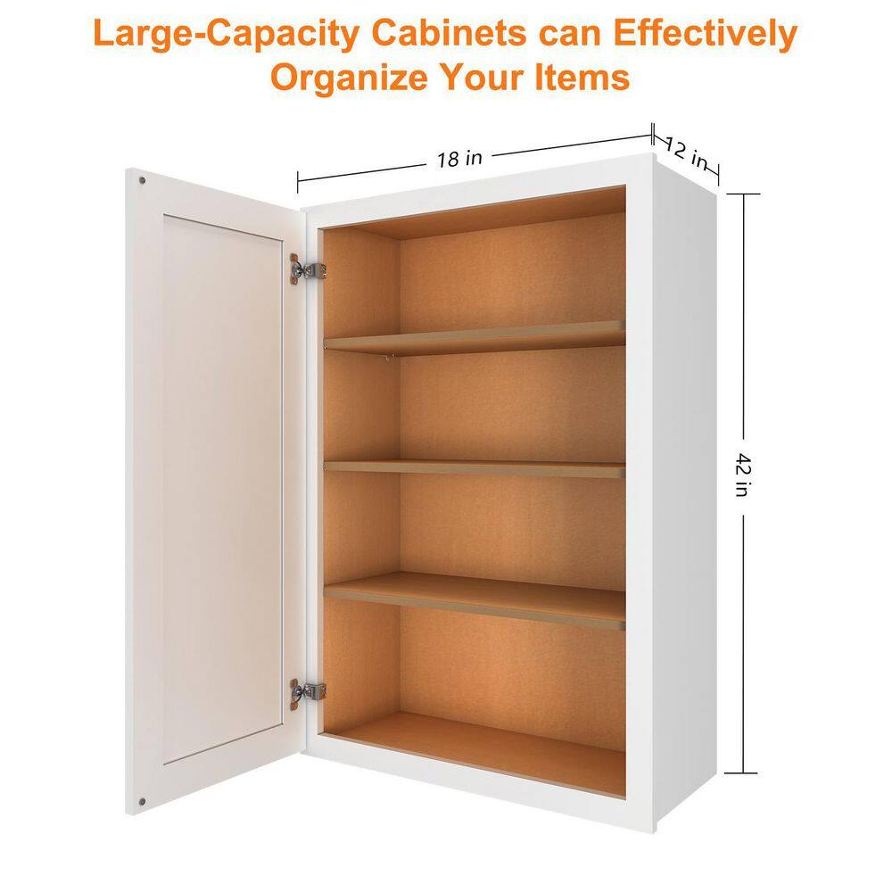 HOMEIBRO 18 in. W x 12 in. D x 42 in. H in Shaker White Plywood Ready to Assemble Wall Cabinet 1-Door 3-Shelves Kitchen Cabinet