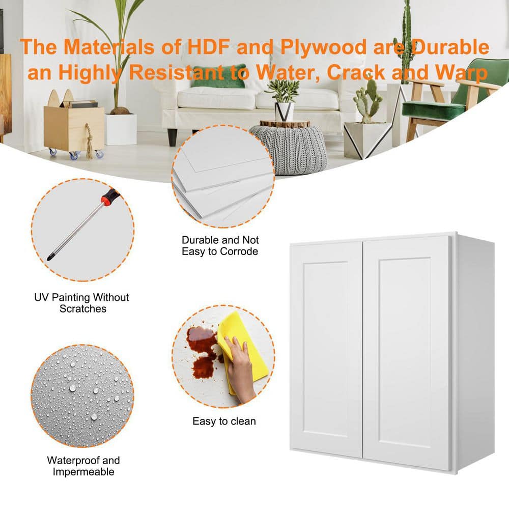 HOMEIBRO 24 in. W x 12 in. D x 30 in. H in Shaker White Plywood Ready to Assemble Wall Cabinet 2-Doors 3-Shelves Kitchen Cabinet