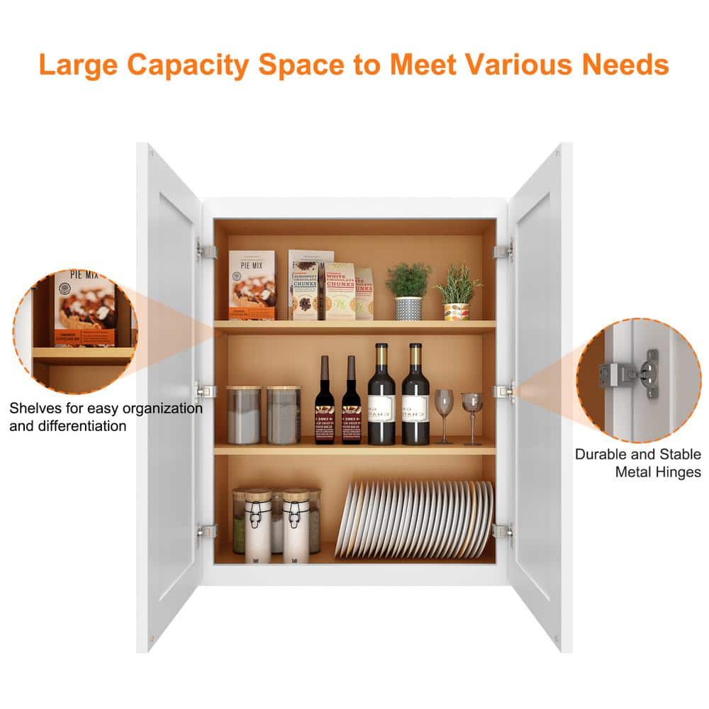 HOMEIBRO 24 in. W x 12 in. D x 30 in. H in Shaker White Plywood Ready to Assemble Wall Cabinet 2-Doors 3-Shelves Kitchen Cabinet