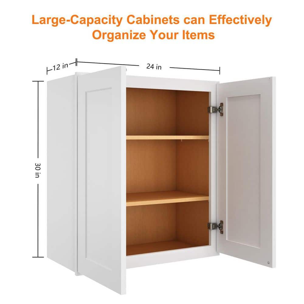 HOMEIBRO 24 in. W x 12 in. D x 30 in. H in Shaker White Plywood Ready to Assemble Wall Cabinet 2-Doors 3-Shelves Kitchen Cabinet